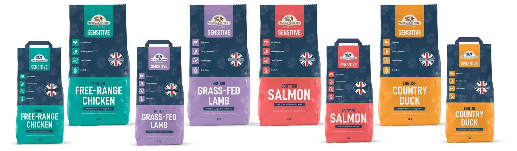 Natural Dog Food Company sensitive diet range: free-range chicken, grass-fed lamb, Scottish salmon, and country duck.