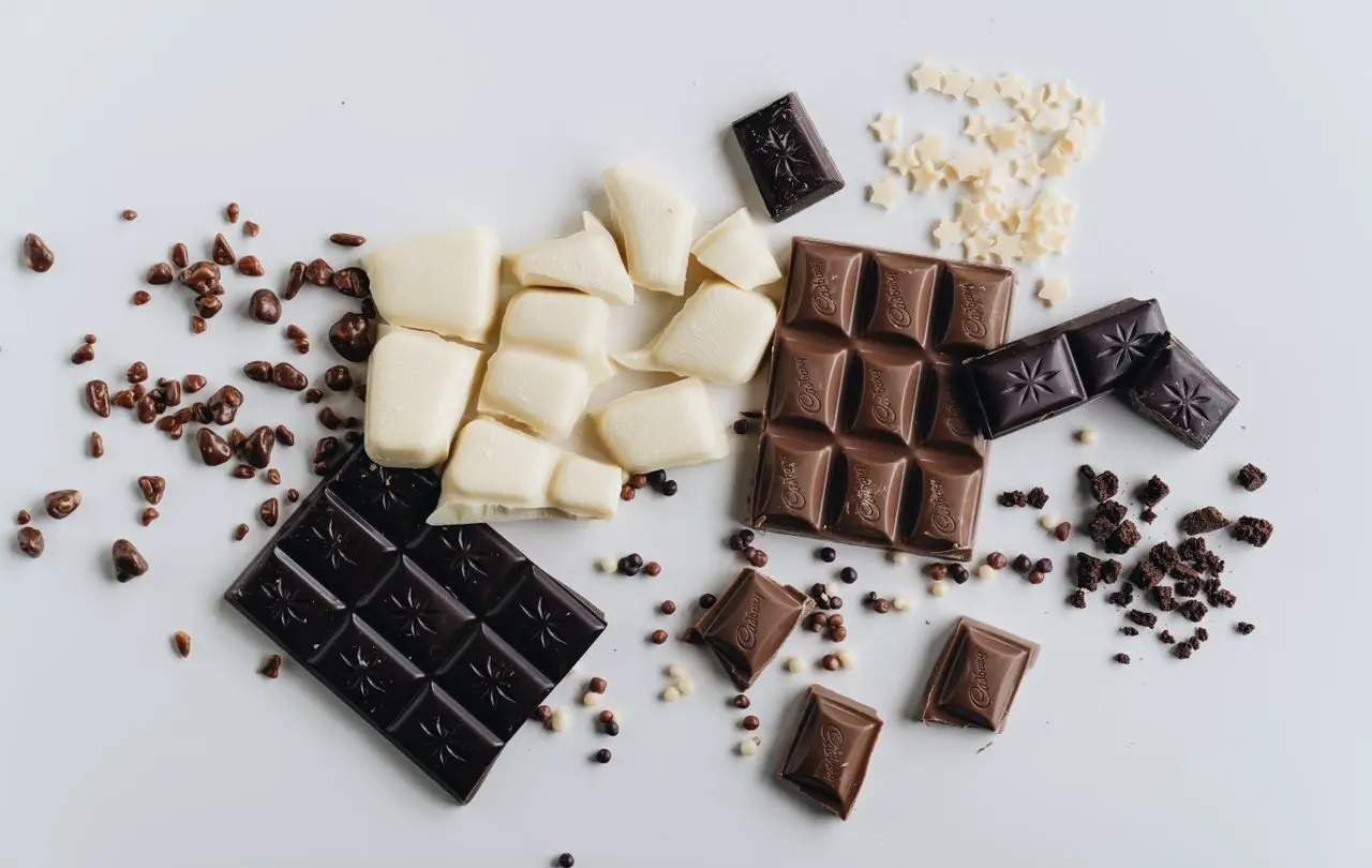 White, milk and dark chocolate pieces on a white background