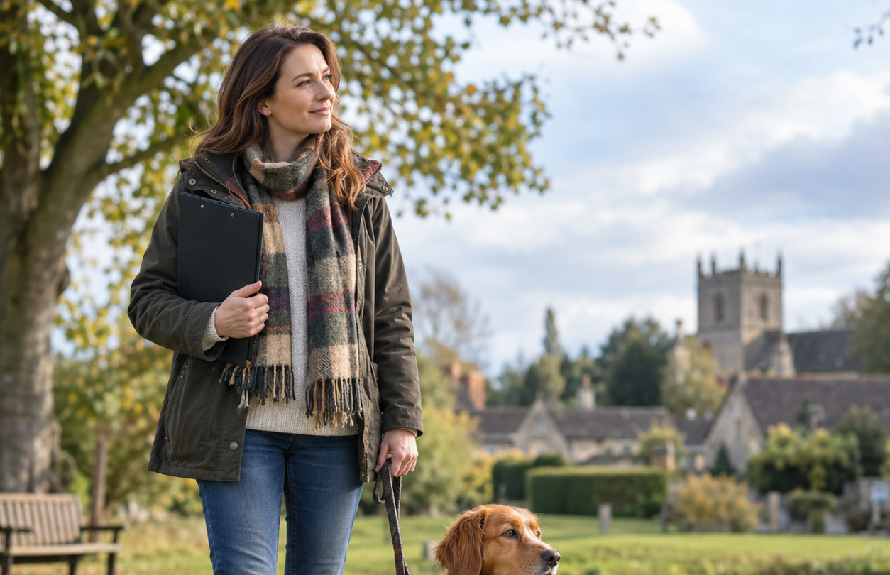 Woman standing with her dog on a lead sat beside her