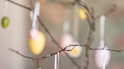 painted eggs hanging from branch