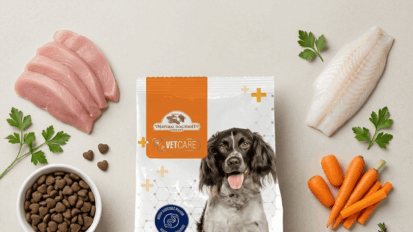 Natural dog food company vet care digestive support with ingredients surrounding the bag
