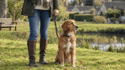 Woman standing with her dog on a lead sat beside her